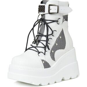 Women Synthetic 1-White Chunky High Heel Lace Up Motorcycle Combat Boots